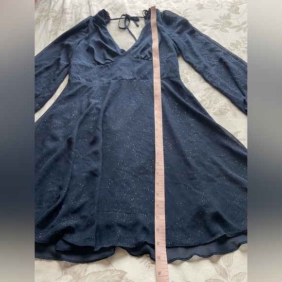 Y2K Navy Glitter Pintuck Babydoll Sheer Puff Sleeve Mini Dress 6 Hoco Prom Dance - Picture 8 of 9